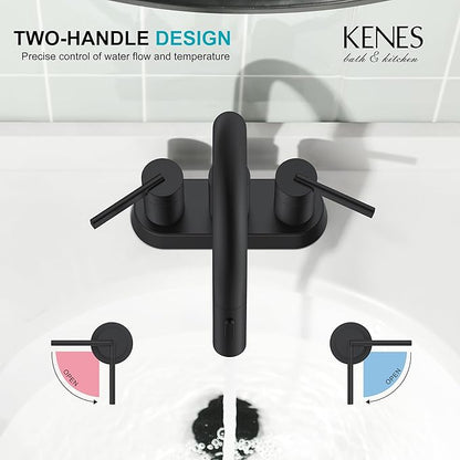 KENES Matte Black Centerset Bathroom Faucet with Pull Out Sprayer, 4 Inch 2 Handle Pull Down Bathroom Faucet 3 Hole, Bathroom Sink Faucet with Pop Up Drain & Supply Lines LJ-9069-2
