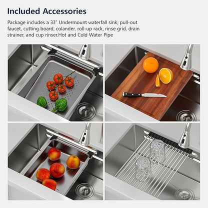 Logmey 33" Undermount Waterfall Sink with Pull-out Faucet & Temperature Control Knob,Nano PVD 33x17 Double Step Workstation Kitchen Sink,16 Gauge All in One Single Bowl Sinks