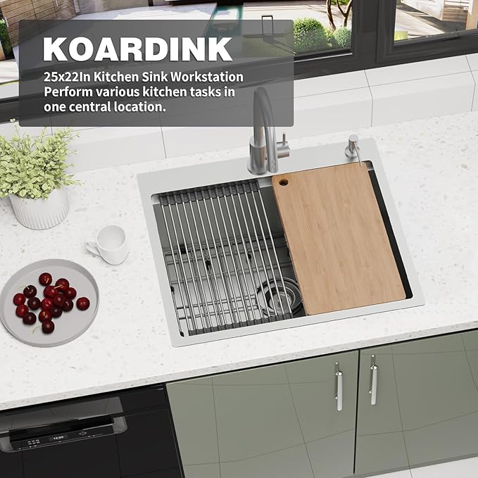 Kitchen Sink Workstation, 25x22 Inch Stainless Steel Drop In Kitchen Sink Modern Single Bowl Kitchen Sink Accessory Combo-SS Grid,Drying Rack,Cutting Board,Soap Dispenser, Drain Strainer Set