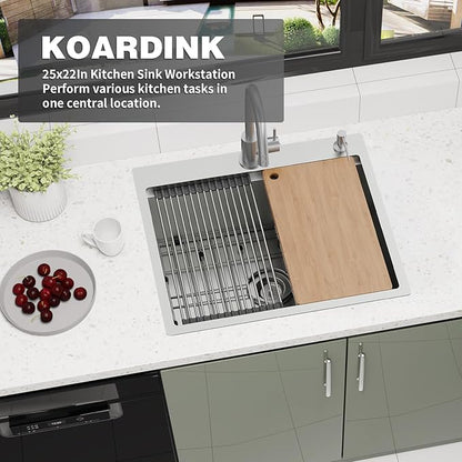 Kitchen Sink Workstation, 25x22 Inch Stainless Steel Drop In Kitchen Sink Modern Single Bowl Kitchen Sink Accessory Combo-SS Grid,Drying Rack,Cutting Board,Soap Dispenser, Drain Strainer Set