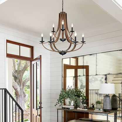 LAMPKEDUO Farmhouse Chandeliers for Dining Room Light Fixture, 2 Tier 9-Light 31" Black with Faux Wood Texture Rustic Adjustable Height Chandelier for Living Room Bedroom Foyer Entryway