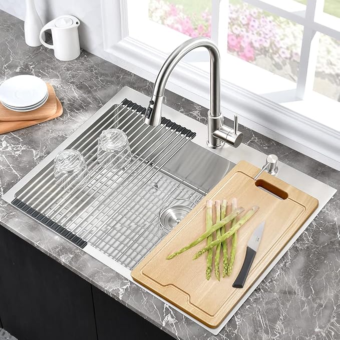 Stainless Steel Kitchen Sink Drop In-Hovheir 31x20 Inch Drop In Top Mount Kitchen Sinks 16 Gauge Stainless Steel Deep Sink Single Basin Overmount Sinks with Cutting Board