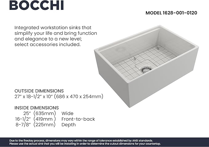 BOCCHI Contempo Workstation Apron Front Step Rim Fireclay 27 in. Single Bowl Kitchen Sink with Accessories in White