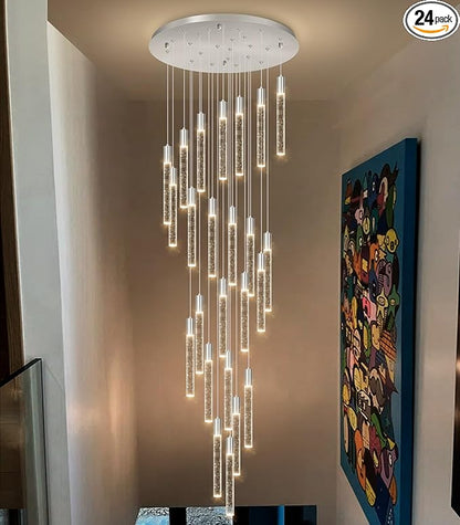 HAIXIANG W24 x H157 Glam Chandelier Bubble Crystal Ceiling Chandeliers Remote Dimmable LED Light High Ceiling Pendants Light Fixtures Adjustable Long Lights 24-Lights Silver Lamp