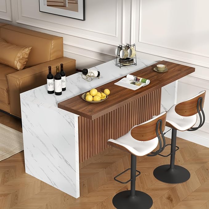 Gyfimoie 63" Large Imitation Marble Bar Table,Island Table with LED Lights,Mordern Marble Stripes Dining Table with Grille Design for Home Kitchen, Living Room, Balcony, Basement(White)