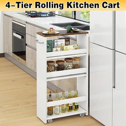 IBUYKE Slim Storage Cart, 4-Tier Skinny Rolling Cart, 5.9" Narrow Utility Trolley with Handle & Lockable Wheels,Thin Shelf for Kitchen, Laundry Room, Bathroom, Small Spaces,Space-Saving WST005W