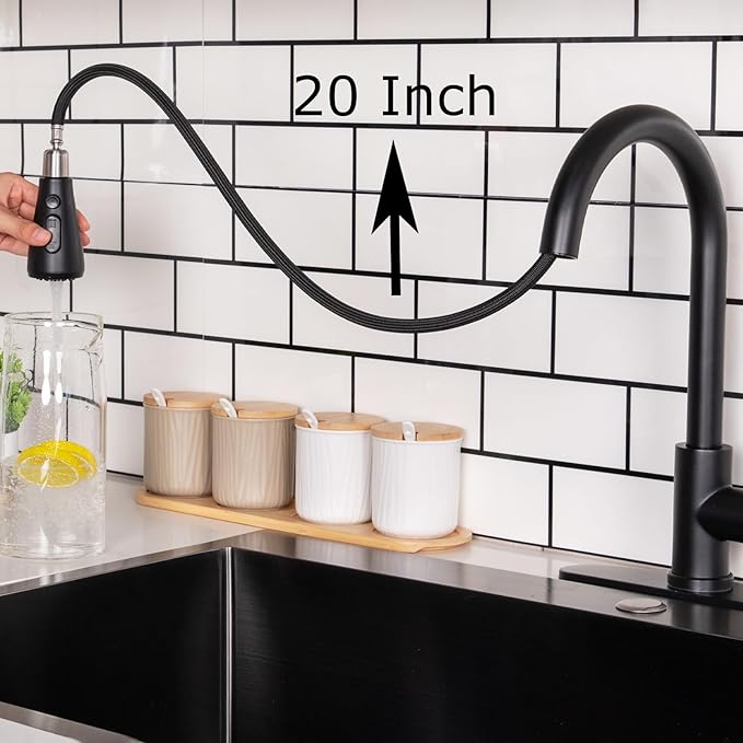 HOTIS Black Kitchen Faucet, Single Handle Matte Black Kitchen Faucets with Pull Down Sprayer, Stainless Steel Suitable for 1 or 3 Hole Sinks for Farmhouse, RV, Laundry, Bar, HT-KYT010B-D-new