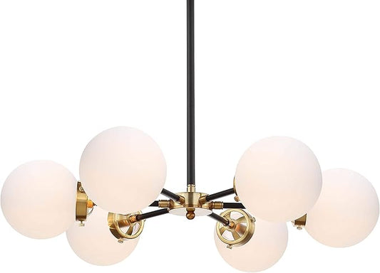 JONATHAN Y 28" Brass Gold/Black Modern 6-Light Cluster Pendant Chandelier, Clear Glass Shade Hanging Fixture for Kitchen Island Dining Room, LED Bulbs Included, Dimmable (JYL9059B)