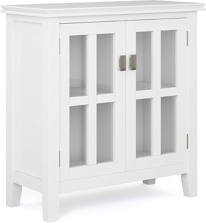 SIMPLIHOME Artisan Storage Cabinet - 30 inch Wide Solid Wood Low Storage Cabinet in White, Contemporary Accent Cabinet for Living Room or Dining Room with Glass Doors and Adjustable Shelves