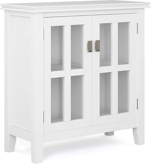 SIMPLIHOME Artisan Storage Cabinet - 30 inch Wide Solid Wood Low Storage Cabinet in White, Contemporary Accent Cabinet for Living Room or Dining Room with Glass Doors and Adjustable Shelves