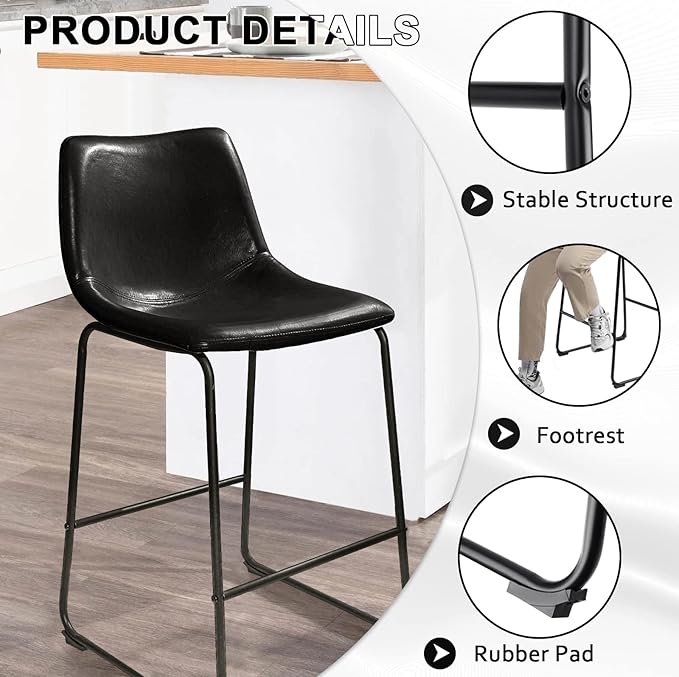 LEMBERI 26 inch Bar Stools Set of 2, Modern Counter Height Bar Stools, Faux Leather Barstool with Back and Metal Leg, Armless Bar Chairs for Kitchen Island (Black, 2pcs 26")