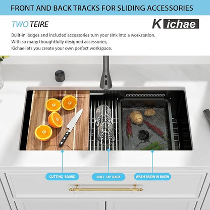 Kichae 33" Undermount Waterfall Kitchen Sink - 33x17 Black Undermount Sink Ledge Workstation 16 Gauge Stainless Steel Deep Single Bowl Under Counter Handmade Basin with Faucet Combo & Wash Basin