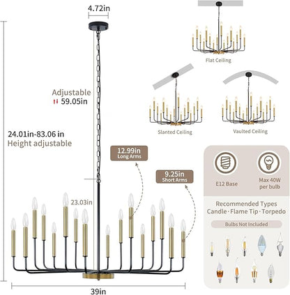 Black and Gold Chandelier, 16-Light Farmhouse Chandelier for Dining Room Lighting Fixtures Hanging, Industrial Modern Chandeliers for Dining Room Living Room Foyer Entry Staircase Kitchen
