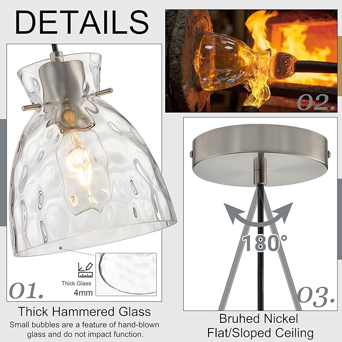 Brushed Nickel Pendant Lights Kitchen Island 2 Pack, 5.9“ Mini Hammered Glass Pendant Light Fixtures, Adjustable Modern Hanging Lights Kitchen Pendant Lighting over Island Sink Bathroom Dining Room