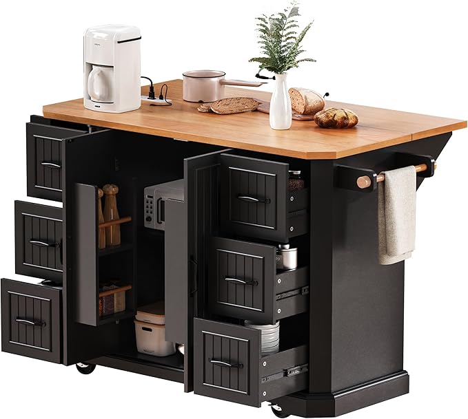 Ball & Cast 56" Large Kitchen Island with Drop Leaf and Power Outlet,Rolling Kitchen Cart on 4 Wheels W/ 6 Drawers,Folding Storage Dining Table W/Spice & Towel Rack,for Kitchen,Dining Room,Black