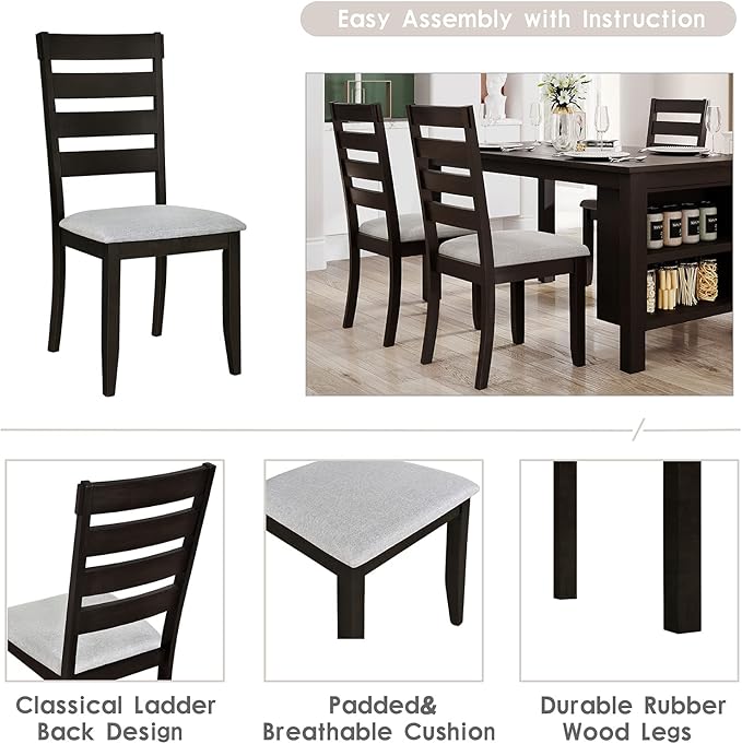 Farmhouse Wood Dining Table Set, Kitchen Table Set for 4, Kitchen Island Set with 2 Tier Storage Shelves Compact Kitchen Dining Room Set with 4 Padded Dining Chairs, for Dining Room, Kitchen