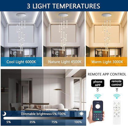 12-Lights Chandelier LED Dimmable Chandeliers for Entryway Flush Mount Ceiling Pendant Light Fixture Crystal Chandeliers for Living Room Chrome Finished Lighting Modern High Ceiling Chandelier