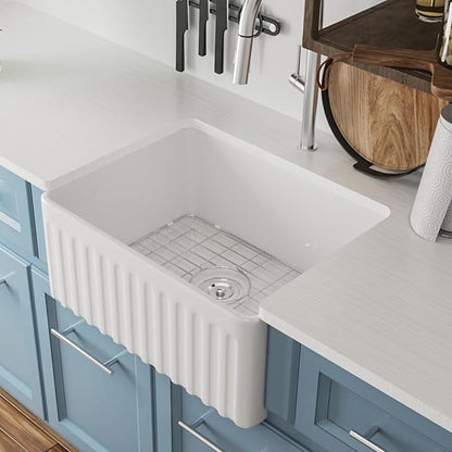 DeerValley Farmhouse Single Kitchen Sink, 24" L x 18" W White Reversible Single Bowl Farm Sink with Apron Front Ceramic Kitchen Sinks with Grid & Strainer