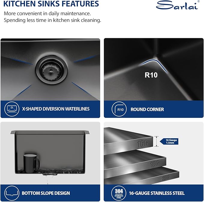 Sarlai 17 Black Undermount Bar Sink - 17 x 15 Inch Undermount Workstation Bar Prep Sink Gunmetal Black Under Mount Single Bowl Small Bar Outdoor 16 Gauge Stainless Steel RV Kitchen Sinks Basin