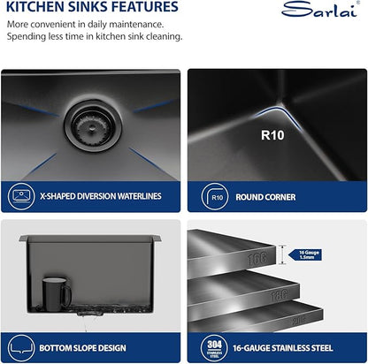 Sarlai 17 Black Undermount Bar Sink - 17 x 15 Inch Undermount Workstation Bar Prep Sink Gunmetal Black Under Mount Single Bowl Small Bar Outdoor 16 Gauge Stainless Steel RV Kitchen Sinks Basin