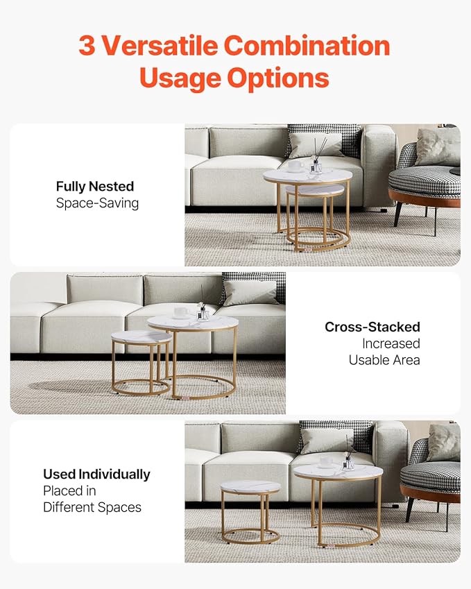 VEVOR Nesting Coffee Table Set of 2, 23.6 in Round Coffee Table, Nesting Tables for Small Place, Vintage End Side Tables Night Stand with Metal Frame, for Living Room, Bedroom, Office (White & Gold)