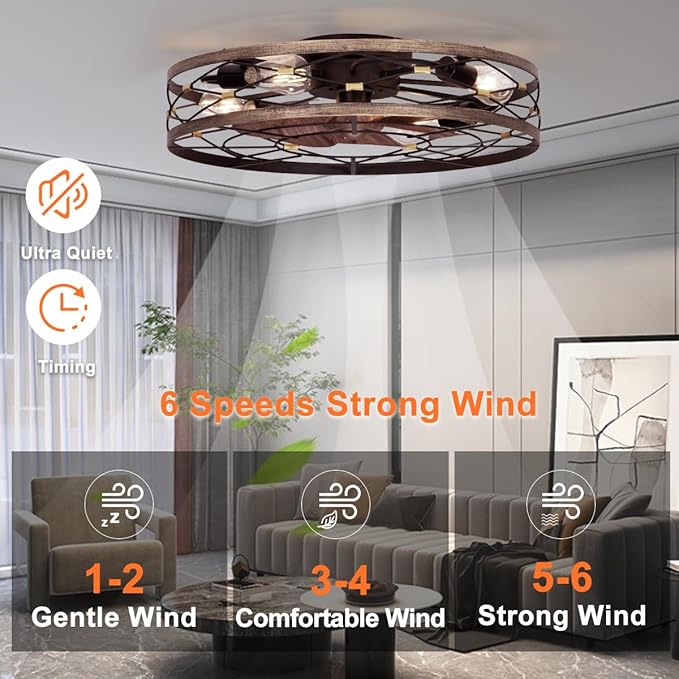 SHLUCE 21.7" Farmhouse Flush Mount Caged Ceiling Fans with Lights and Remote, Low Profile Fandelier Ceiling Fan with Light, Small Rustic Bladeless Ceiling Fan with Light for Kitchen, Bedroom, 6 Speeds