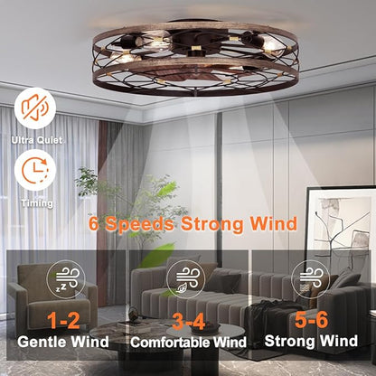 SHLUCE 21.7" Farmhouse Flush Mount Caged Ceiling Fans with Lights and Remote, Low Profile Fandelier Ceiling Fan with Light, Small Rustic Bladeless Ceiling Fan with Light for Kitchen, Bedroom, 6 Speeds