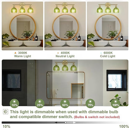 Vintage Bathroom Light Fixtures,3-Light Hardwired Vanity Lights with Green Tulip Glass Shade,Gold Bathroom Vanity Light for Mirror Restroom,E26 Socket,18.5 in(Bulbs Not Included)