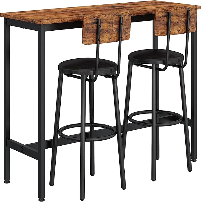 Bar Table Set for 2 with 2 PU Upholstered Stools, Pub Bistro Dinning Table and Stools with Backrest, Counter Height Bar Table Set for Apartment, Kitchen, Small Space