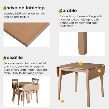 Ball & Cast 5-Piece Farmhouse Drop Leaf Folding Dining Table with Chairs, 29.57"~45.67" Extendable Table w/4pcs Backrest Dining-Chair, Foldable Kitchen Breakfast Set for 4,Space Saving,Natural