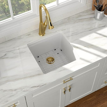 18 Inch White Undermount Bar Sink 18x18 Undermount Bar Sink Mini Wet Bar White Quartz Granite Composite Small Kitchen RV Sinks Single Bowl Outdoor Island Basin with Cutting Board