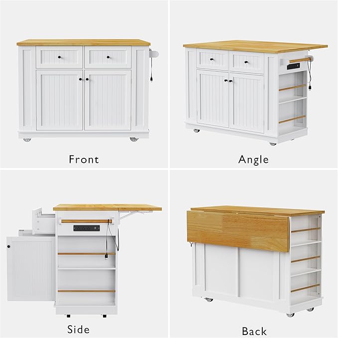 48 inch Large Kitchen Island with Drop Leaf,Power Outlet,Internal Storage Rack,Rolling Storage Cart on 5 Wheels with 5 Open Side Racks for,Dining Room (White#057)