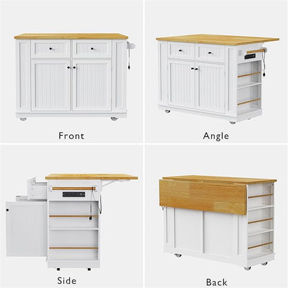 48 inch Large Kitchen Island with Drop Leaf,Power Outlet,Internal Storage Rack,Rolling Storage Cart on 5 Wheels with 5 Open Side Racks for,Dining Room (White#057)