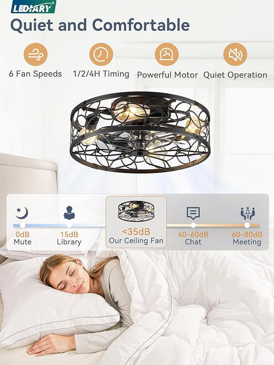 LEDIARY Caged Ceiling Fans with Lights, Black Flush Mount Ceiling Fan with Remote&App, Small Low Profile Bladeless Ceiling Fan Light Fixture for Bedroom, Kitchen, Dining Room.