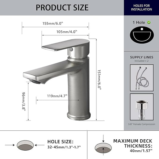BELZ 2-Pack Brushed Nickel Bathroom Faucet, Modern Single Handle Set of 2 Sink Faucets for Single Hole Vanity, Tool-Free 15-Min Install, Spot-Resistant Finish, Pre-Installed 24" Supply Lines
