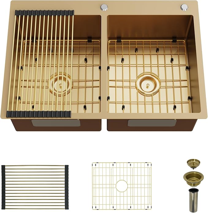 Gold 50/50 Double Bowl Kitchen Sink, 33"x 22" Stainless Steel Drop In Kitchen Sink Gold Topmount Sink With Gold-tone Accessories-Rack,Grid And Drain Assembly Add Luxurious Look For Modern Kitchen