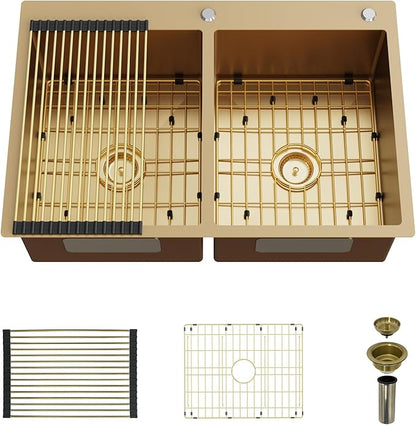 Gold 50/50 Double Bowl Kitchen Sink, 33"x 22" Stainless Steel Drop In Kitchen Sink Gold Topmount Sink With Gold-tone Accessories-Rack,Grid And Drain Assembly Add Luxurious Look For Modern Kitchen