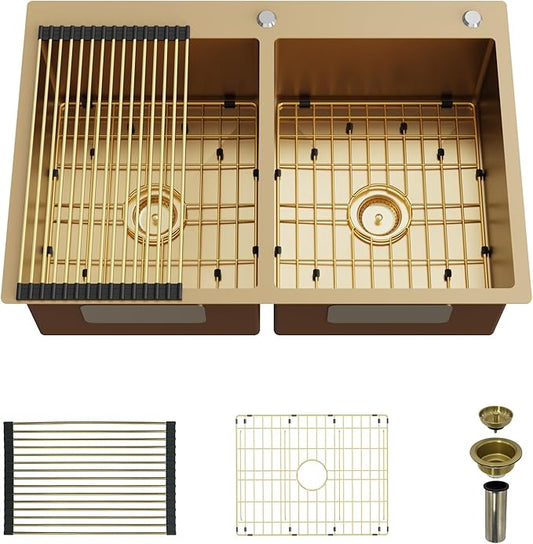 Gold 50/50 Double Bowl Kitchen Sink, 33"x 22" Stainless Steel Drop In Kitchen Sink Gold Topmount Sink With Gold-tone Accessories-Rack,Grid And Drain Assembly Add Luxurious Look For Modern Kitchen