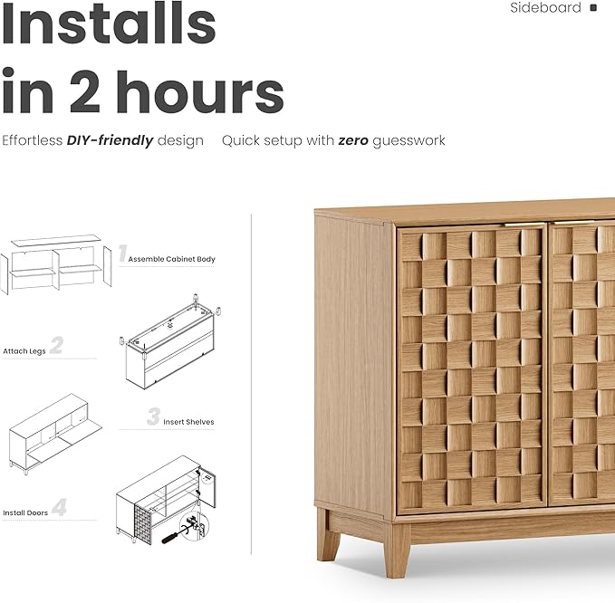 MALOL Sideboard Buffet Cabinet with Storage, Modern 4-Door Buffet Table with 3D Checkerboard Doors & Solid Wood Legs, Large Coffee Bar Cabinet for Dining Room, Living Room, Entryway, Neutral Wood