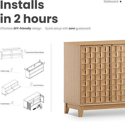 MALOL Sideboard Buffet Cabinet with Storage, Modern 4-Door Buffet Table with 3D Checkerboard Doors & Solid Wood Legs, Large Coffee Bar Cabinet for Dining Room, Living Room, Entryway, Neutral Wood