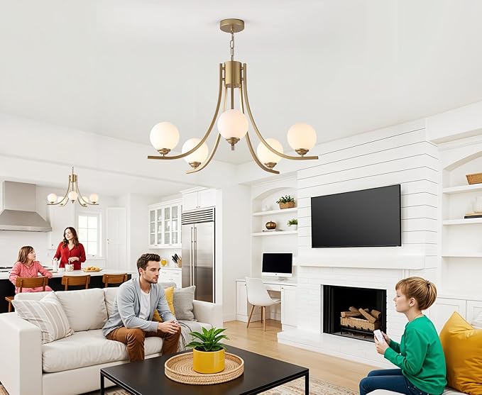 Glass Globe Chandelier,Gold Farmhouse Chandeliers for Dining Room,Modern Sputnik Dining Room Light Fixtures，Adjustable Chain Ceiling Lighting for Living Room Bedroom Kitchen Island