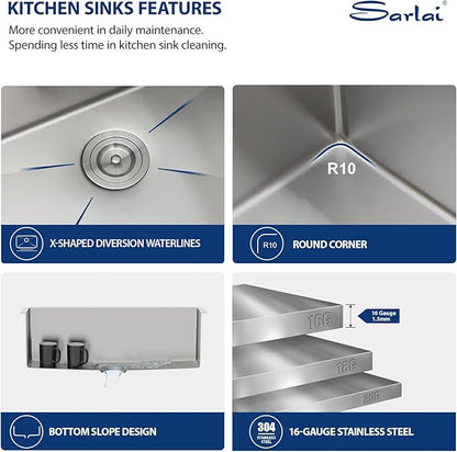 Sarlai 27 Undermount Kitchen Sink - 27 x 18 Kitchen Sink Undermount Single Bowl 16 Gauge Stainless Steel Under Counter Kitchen Sinks Round Corner Basin