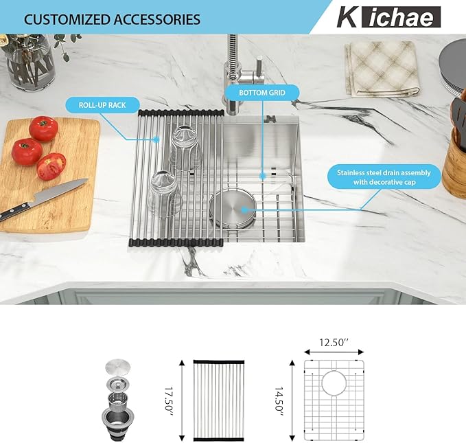 Kichae 15 Inch Undermount Sink Stainless Steel Bar Prep Sink 15x17 Undermount Single Bowl 16 Gauge Stainless Steel RV Kitchen Sinks Handmade Round Corner