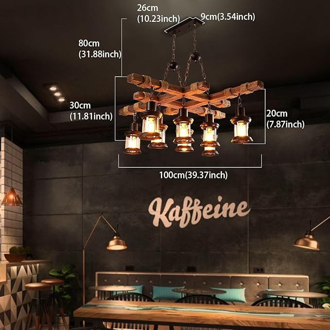 Wooden Chandelier 8 Lights Industrial Chandelier Retro Wood Lamp Pendant Lights Farmhouse Ceiling Lighting Lamp Fixture Dining Room Light Fixture Glass Lampshade for Homes, Bars, Restaurants, Cafes