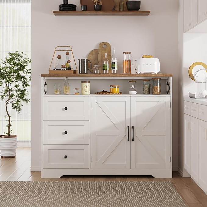 Befrases Farmhouse Buffet Cabinet with Drawers & Open Shelf, Sideboard with Storage, Kitchen Pantry Cabinet Hutch, Coffee Bar Station for Kitchen, Livingroom, 47" L White