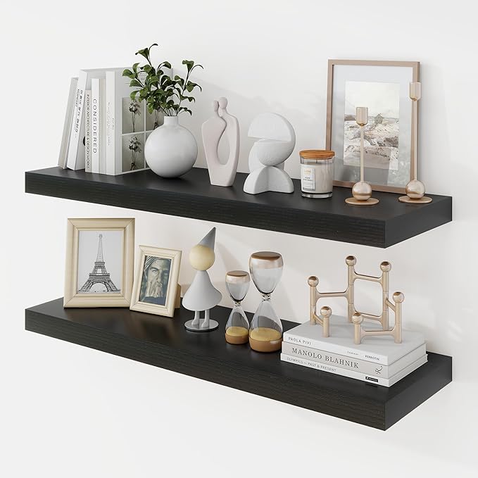 Acovy 30 Inch Floating Shelves, 9.3" Deep Floating Shelf Wall Mounted, 30" Wall Shelves, Rustic Deep Bookshelf, Large Display Shelves & Storage Shelves for Bedroom, Living Room, Black, Set of 2