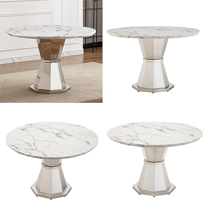 47" Round Marble Dining Table for 4-6, Luxury Modern Kitchen Table with Marble Grain MDF tabletop & Silver Mirrored Stainless Steel Pedestal Base, White Stone Dinner Table for Dining Room (Table Only)