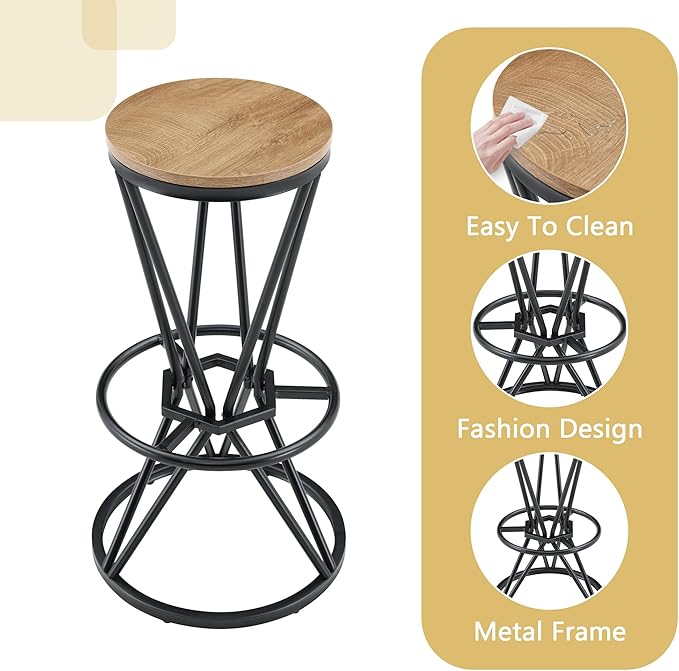 Industrial 3-Piece Bar Counter Set – 31.5" Round MDF Table & 2 Rust-Resistant Metal Bar Stools with Foot Pedals | Perfect for Small Apartments, Kitchen Islands, Home Bars (Black,Wood)