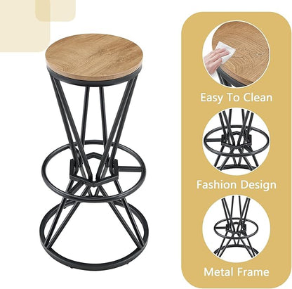 Industrial 3-Piece Bar Counter Set – 31.5" Round MDF Table & 2 Rust-Resistant Metal Bar Stools with Foot Pedals | Perfect for Small Apartments, Kitchen Islands, Home Bars (Black,Wood)
