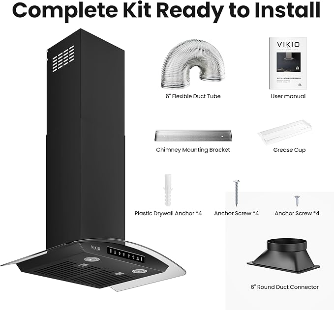 VIKIO HOME Black 30 inch Wall Mounted Range Hood Glass 900 CFM, Stainless Steel Kitchen Hood Vent with Gesture/Touch Controls, 3-Speed Exhaust Fan and Stainless Steel Baffle Filter, 2 LED Lights